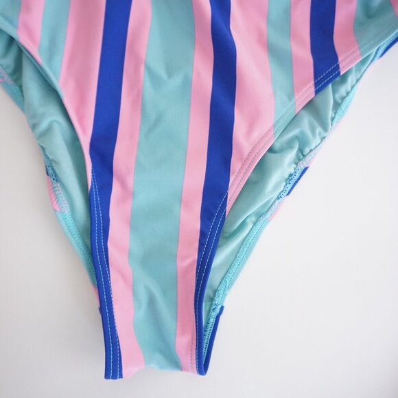 ENVYA Swimwear Pink Teal Stripe One Piece High-Leg Low Scoop Back Swimsuit M - Picture 3 of 12